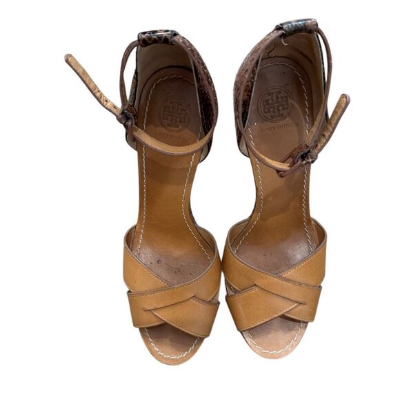 TORY BURCH Brown Leather and Python Platform Wedge Ankle Strap Sandals - Picture 10 of 11